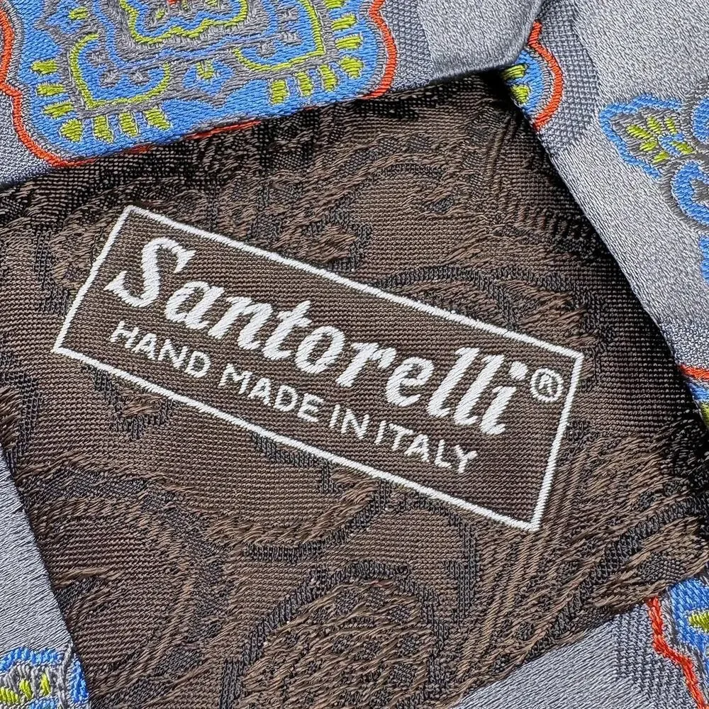 Santorelli Silk Tie Long Gray Blue Orange Green Medallion Made Italy 61